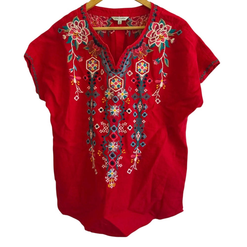 John Mark Blouse Medium Embroidered 100% Linen Boho Floral V Neck